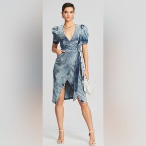 Retrofete Zelda Wrap Dress Sienna Blue Denim V-Neck Puff Sleeve Sz XS
